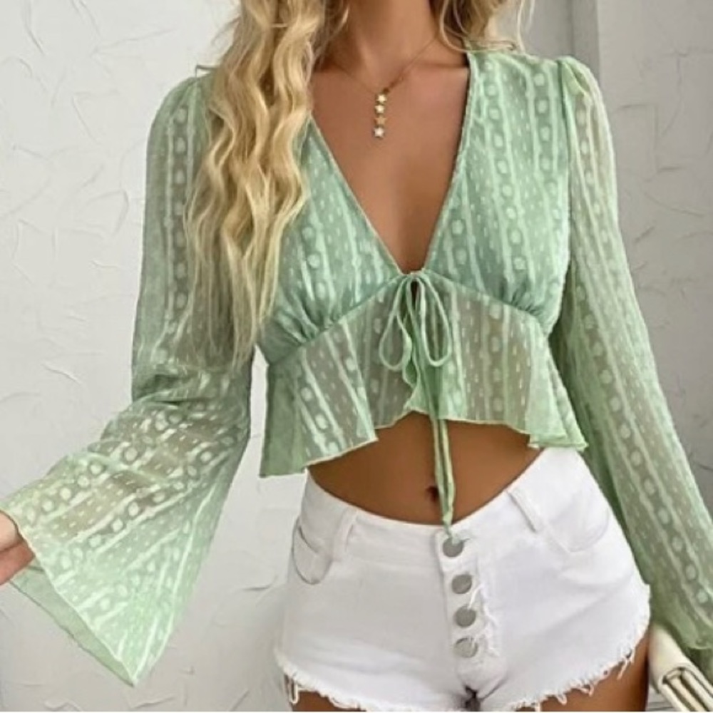 Tie Front Ruffle Hem Bell Sleeve Top